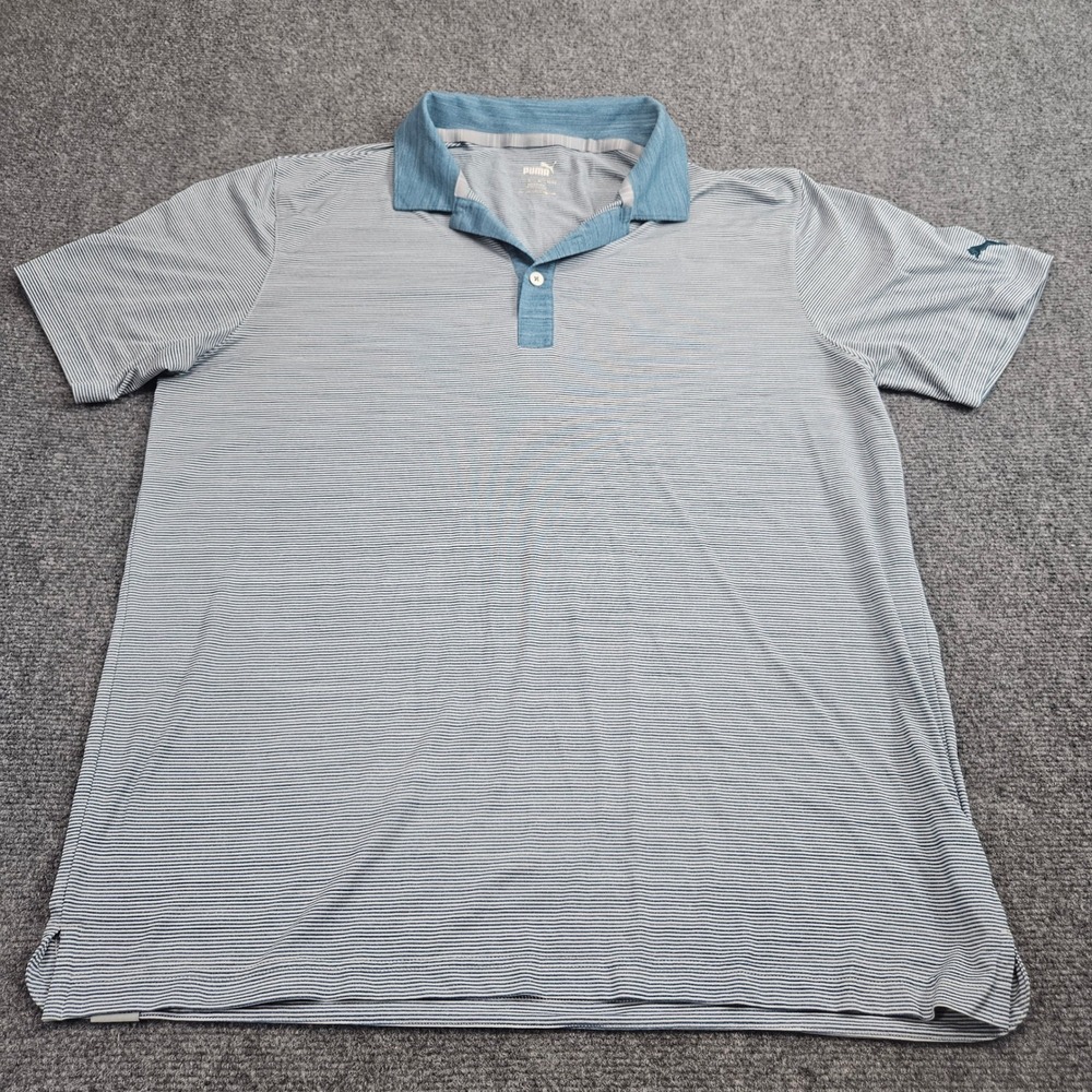 Puma Polo‎ Shirt Mens Large Blue Striped Short Sleeve Golf Performance Athletic